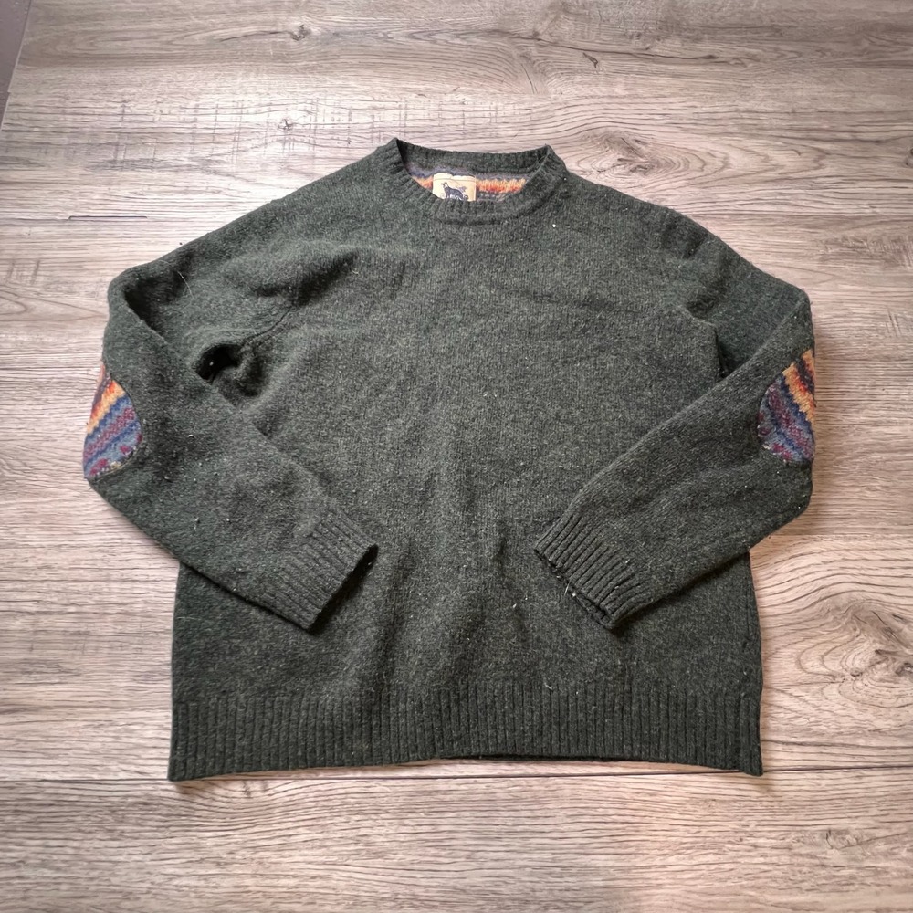 Refectory Sweater Mens Large Green Lambswool Fair Isle Elbow‎ Patch Crewneck